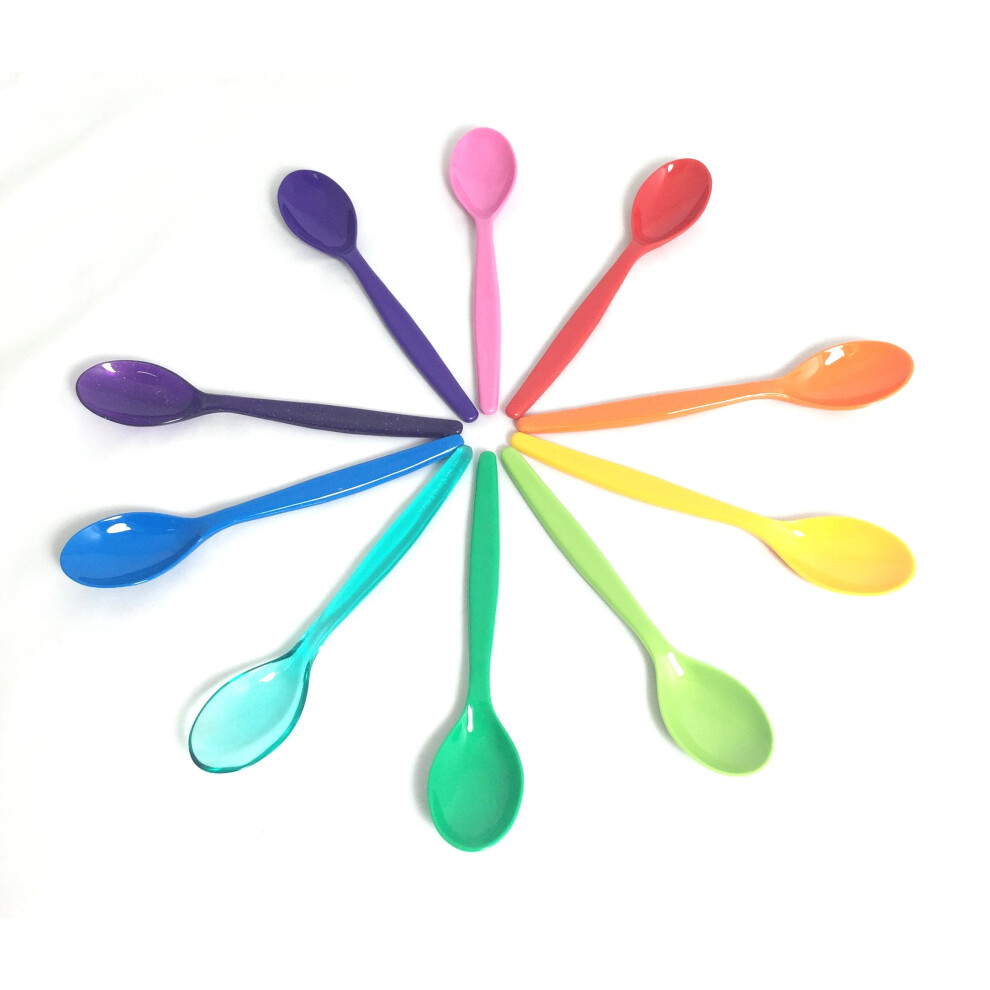 Pack Of 10 Multicoloured Teaspoons Virtually Unbreakable Reusable Polycarbonate Plastic Harfield