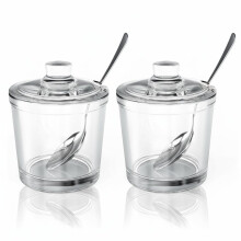 ZEAYEA Set of 2 Clear Glass Sugar Bowl, 6 Ounce Seasoning Box Condiment Pots with Spoon and Lid, Sugar Spice Salt Canister for Home Kitchen, Coffee