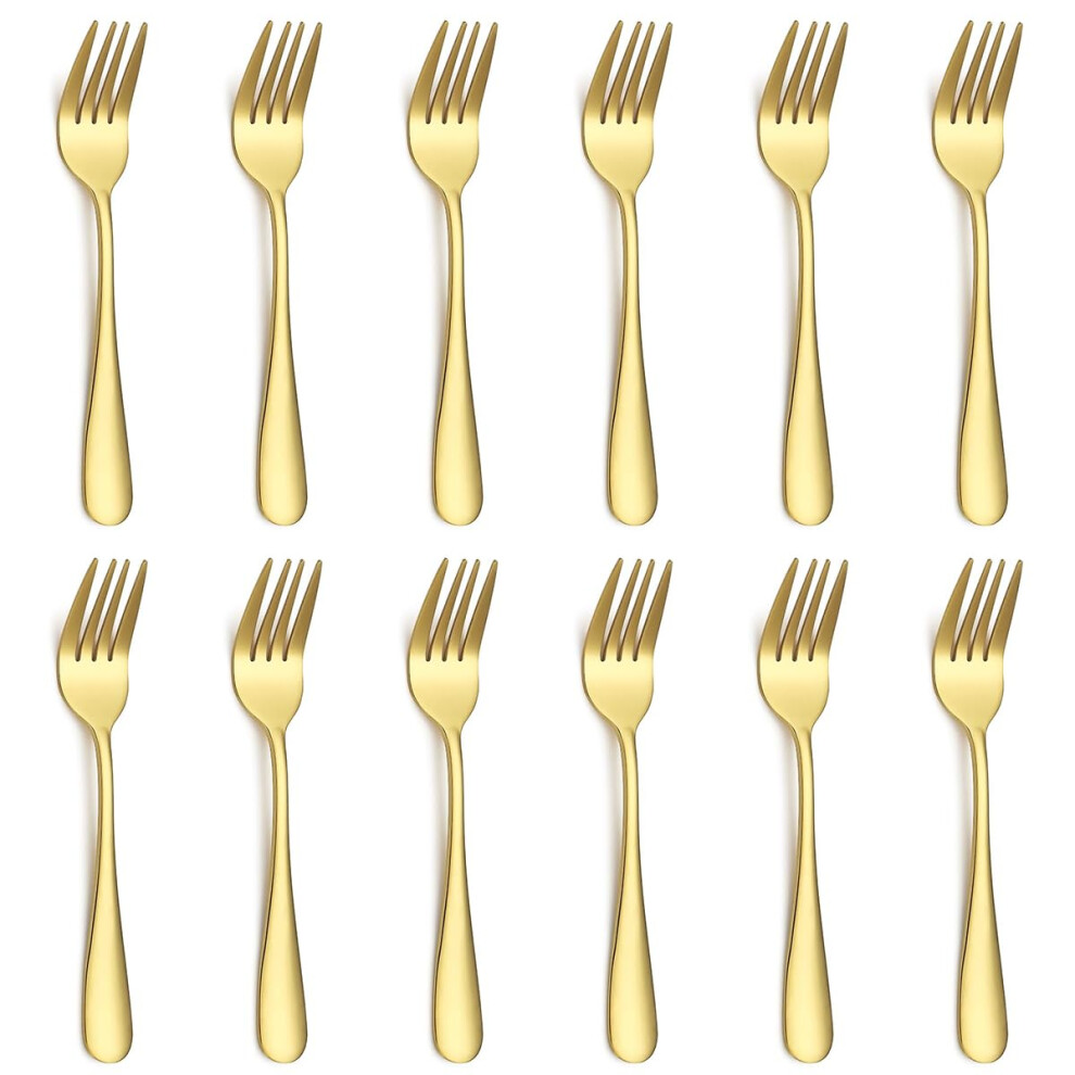 Evanda Dessert Forks 12 Pieces, Titanium Plating Stainless Steel Pastry Set, Mini Cake And Appetizer Forks For Home, Wedding, Party, Cafe, Gold
