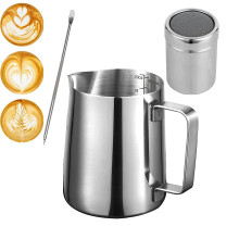 Milk Frothing Pitcher 20oz/600ml, Stainless Steel Creamer Cup, [ 16 Coffee Stencils + Latte Art Pen ], Powder Shaker for Making Coffee Cappuccino Hot