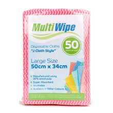 MultiWipe 50 Large Multi Purpose Pink Disposable Cleaning Cloths | Made With 30% Wood Pulp |J Cloth Style. | 50cm x 34cm | 50 Cloths per Bag | Also