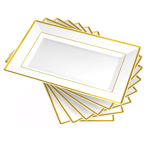 Gikisla Elegant Plastic Serving Platters, 6 Pcs Large Plastic Serving Trays, Rectangle Reusable White&Gold Dinner Plates Set for Parties Snack Food