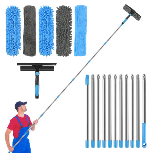 Clickinline Window Cleaning Equipment, 5m Window Squeegee, Telescopic Window Cleaner, With Squeegee Brush and Scrubber Tool, 11 Pcs Adjustable Pole