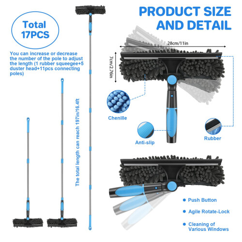 Clickinline Window Cleaning Equipment, 5m Window Squeegee, Telescopic Window Cleaner, With Squeegee Brush and Scrubber Tool, 11 Pcs Adjustable Pole 2