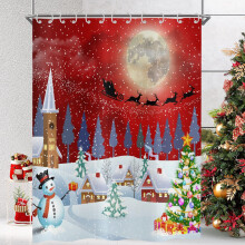 Hnmdmyi Christmas Shower Curtain 180x200, Winter Landscape Moon Snowman Xmas Tree Holiday Red White Bathroom Curtains with Hooks Waterproof Polyester