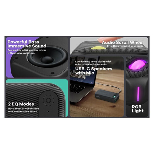 CAANKEI USB-C Speaker, 2- Way Compact Stereo Speaker, Call Controls, Noise Reducing Microphone. Wired USB-C Connection RGB Light 2