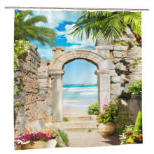 YUAOEUR 3D Landscape Garden Shower Curtain 79X72 Inch Stone Arch Sea Side View with Palm Trees Flowers Blue Sky Outdoor Picture Garden Bathroom Decor