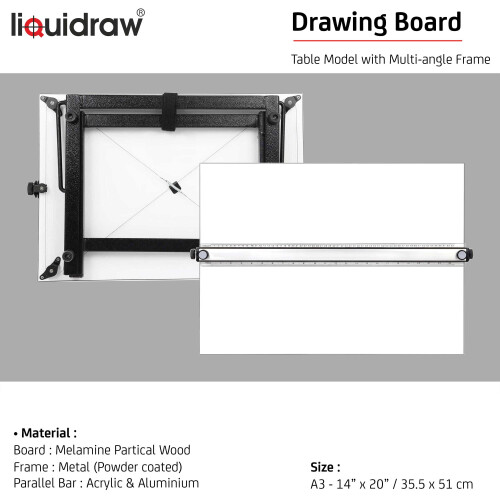 Liquidraw A3 Drawing Board with Parallel Motion - 14" x 20" Table Model | 6 Adjustable Angles | Includes Set Square & Board Clips | Drafting Board for 2