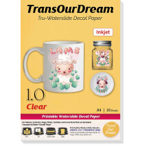 TransOurDream Tru-Waterslide Decal Paper Inkjet Clear 10 Sheets A4 Premium Printable Vinyl Transparent Paper Decals for Ceramics Mugs Candles Glasses