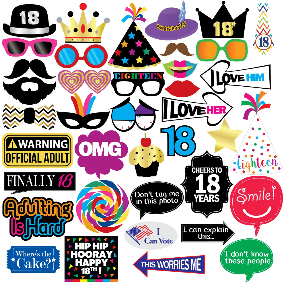 18Th Birthday Photo Booth Party Props - 40 Pieces - Funny 18Th Birthday Party Supplies, Decorations And Favors 5051223178446