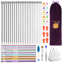 Aeelike Professional Knitting Needles Set, Knitting Starter Kit for Adults, Includes 35cm Long Metal Knitting Needles, Aluminium Crochet Hooks,