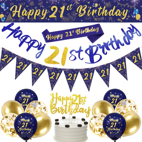 Navy Blue Gold 21st Birthday Party Decorations - Happy Birthday Banner, Triangle Flag Banner and Confetti Latex Balloons
