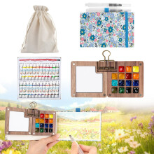 7 PCS Pocket Artist Watercolour Travel Set - 15 Grids Travel Watercolour Paint Set Portable, Mini Watercolour Paint Sets with Foldable Acrylic
