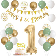 1st Birthday Decorations for Boys Girls, Sage Green White Gold Birthday Balloons with Banner and Cake Topper, Number 1 Balloon for Baby's Party Decor
