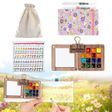 7 PCS Pocket Artist Watercolour Travel Set - 15 Grids Travel Watercolour Paint Set Portable, Mini Watercolour Paint Set Travel, Painting Set with