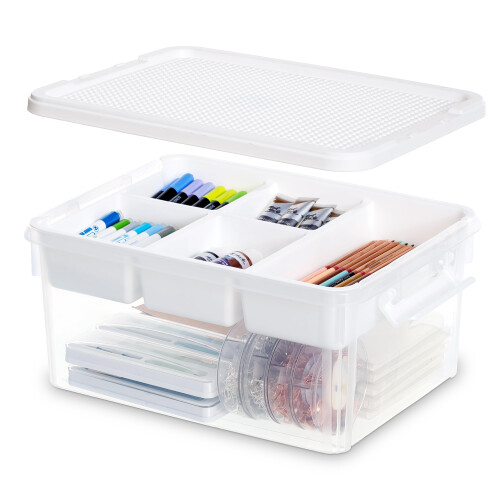 Citylife 16L Storage Boxes with Lids, Plastic Craft Storage Box, Removable Tray, Latch Handle, Stackable Storage Box with Compartments for Toy, Tool,
