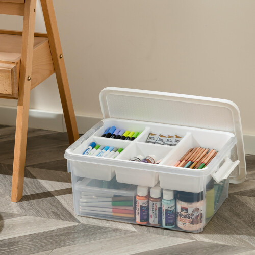 Citylife 16L Storage Boxes with Lids, Plastic Craft Storage Box, Removable Tray, Latch Handle, Stackable Storage Box with Compartments for Toy, Tool, 2