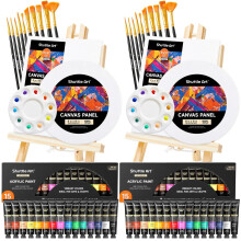Shuttle Art 58 Pack Acrylic Paints Set, Painting Set with 2 Pack of 15 Colours Acrylic Paint, 2 Sets of Wooden Easels, Canvas, Brushes & Palettes,