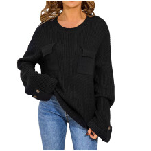 Damen-Strickpullover mit Rundhalsausschnitt, lässiges Oberteil aus weichem Acryl, Pullover mit Vordertasche, bequemer Tragekomfort, lockere