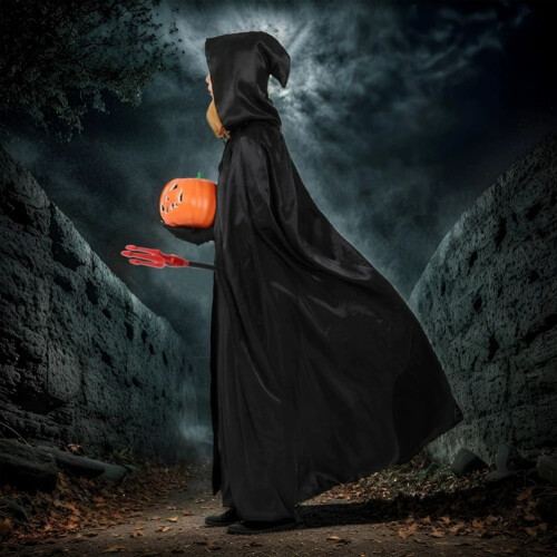 Βελούδινος μανδύας με κουκούλα για το Halloween – Στολή μάγισσας, βρικόλακα για 1