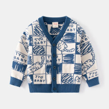 Marineblauwe gebreide cardigan met bloemenprint voor meisjes, trui met lange mouwen en ronde hals voor peuters van 1-2 jaar, herfst/winter – past
