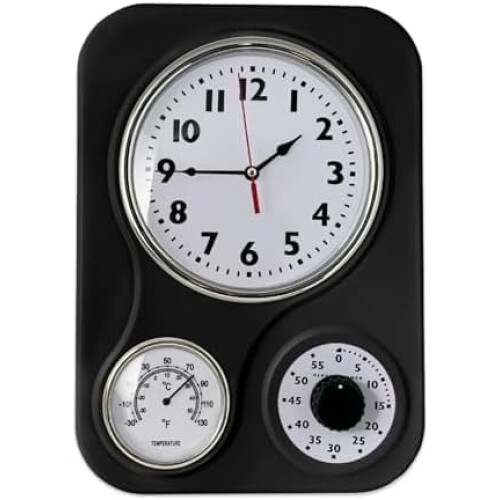 9.5"x12.5" Retro Kitchen Wall Clock with Thermometer & 60-Min Timer – Black