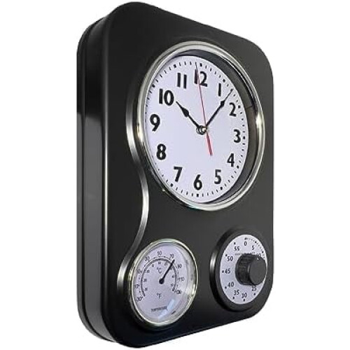 9.5"x12.5" Retro Kitchen Wall Clock with Thermometer & 60-Min Timer – Black 2