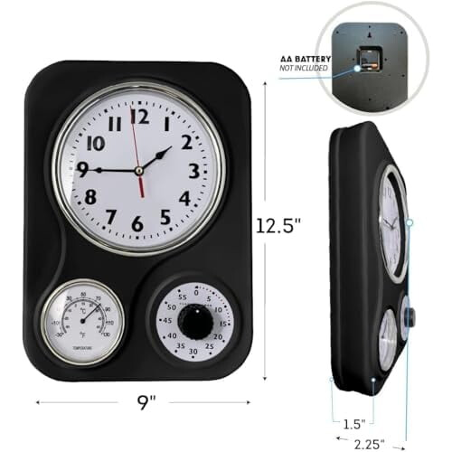 9.5"x12.5" Retro Kitchen Wall Clock with Thermometer & 60-Min Timer – Black 1