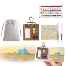 7Pcs Portable Watercolor Palette - 8 Grids Travel Watercolour Paint Set, Portable Travel Painting Set, Lid Foldable Wooden Palette, Sketchbook Brush