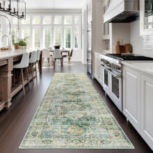 Washable 2x8 Runner Rug, Non-Slip Low-Pile Green Kitchen/Hallway Rug – Vintage Entry Mat for Foyer, Laundry & Living Room