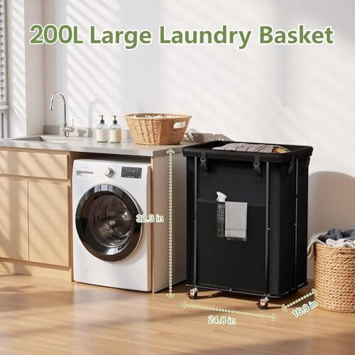 Καλάθι Πλυντηρίου 200L με Ρόδες, Μεταλλικό Σκελετό & Αφαιρούμενη Τσάντα – Ψηλό, 1
