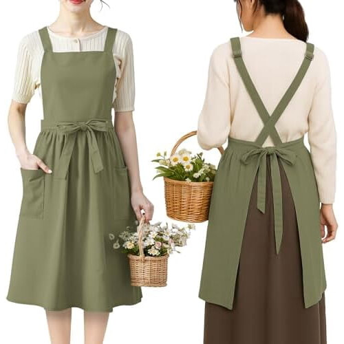 Cotton apron with pockets vintage style women's kitchen