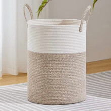 Grote wasmand, hoge opbergmand van gevlochten touw voor dekens, speelgoed en vuile was in de woonkamer, badkamer of slaapkamer - 100 liter, wit en