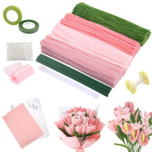 Pipe Cleaners Craft Set for Tulip Bouquets -400 Pcs Colourful in 4 Colours, Stems with Flower Stems, Stamens, Floral Tape & Ribbon for DIY Flowers,