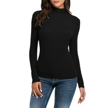 Women's Black Polyester Spandex Long Sleeve Turtleneck Tee, Slim Fit Stretchy Casual Top – Compatible with All Seasons