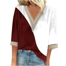 Polyester Womens Tops3/4Length Sleeves V Neck Solid Tops for Women2023 3/4Sleeve