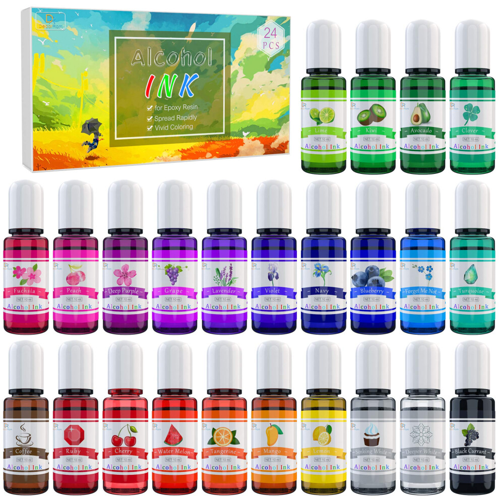 Decorrom Alcohol Ink Set - 24 Vibrant Colours For Resin Art, Epoxy Painting - Concentrated Ink Dye For Tumbler Making - 24 X 10Ml