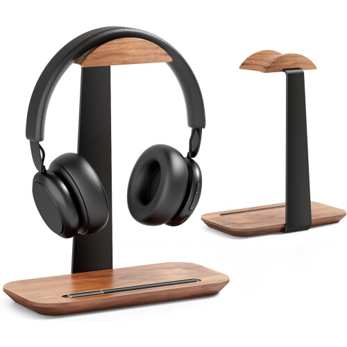 Supporto per cuffie in legno di noce con base contenitore