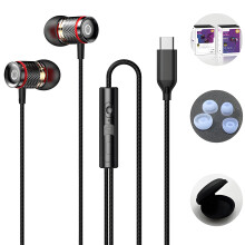 Metal USB C Earbuds with Immersive Bass, Wired Earbuds with Microphone for Gaming Earbuds & Daily Use, Black
