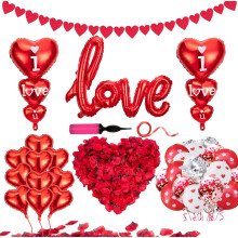 Valentine's Day Decorations Kit -I Love You Heart Foil Balloons Hearts Hanging Banner Garland,1000 PCS Red Rose Petals for Valentines Wedding Bridal