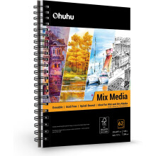 Ohuhu A4 Mixed Media Sketchbook - 200gsm 124 Pages (62 Sheets) Acid-Free Paper, Spiral Bound Artist Drawing Book for Wet & Dry Media - Ideal for