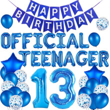 Official 13th Birthday Decorations for Boys - Blue & Silver Teenager Balloons, Banner, Photo Props, Backdrop & Kids' Party Decorations