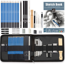 KALOUR 34pcs Drawing Art Kit with Sketchbook- Sketching Pencil in Zippered Carrying case - Art Supplies Including Drawing and Charcoal Pencil,