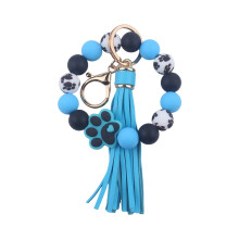 Silicone Beaded Bracelet Keychain Dog Paw Pattern Wrist Keychain with Faux Leather Tassel Charm Keychain