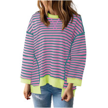 Top verde de verano para mujer, cuello redondo, manga larga, poliéster, estampado a rayas, XXL