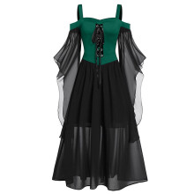 Vestido longo vintage renascentista para fantasia de bruxa gótica feminina, tamanho grande, para cosplay, manga longa, preto/verde, 3XL, compatível