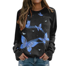 Damtröjor med lång ärm, glittrigt grafiskt tryck, rund hals, pullover, höstvinter, casual, lös passform, tröjor