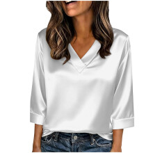 Top de mujer, jersey informal holgado de satén para primavera y verano con mangas tres cuartos y cuello en V, blusa cómoda de color liso para mujer.