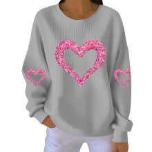 Damen-Sweatshirt mit Herzmotiv zum Valentinstag, gerippt, Rundhalsausschnitt, lang