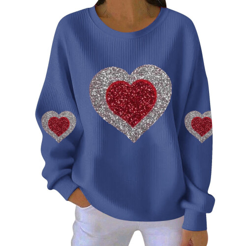 Damen-Sweatshirt zum Valentinstag mit Herzprint, geripptem Rundhalsausschnitt, lässigem Langarm-Pullover